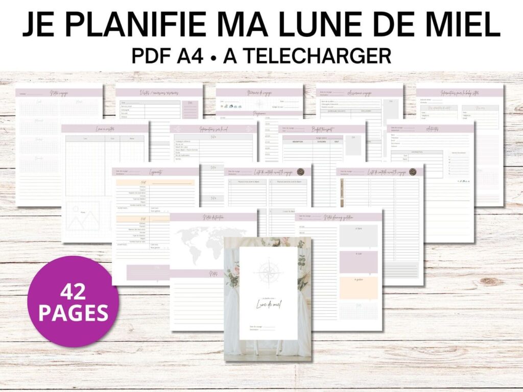 42 pages pour organiser vols, hôtels, itinéraires, souvenirs et activités pour sa lune de miel